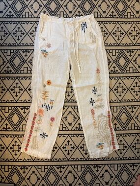 Johnny Was White Linen Embroidered Pants